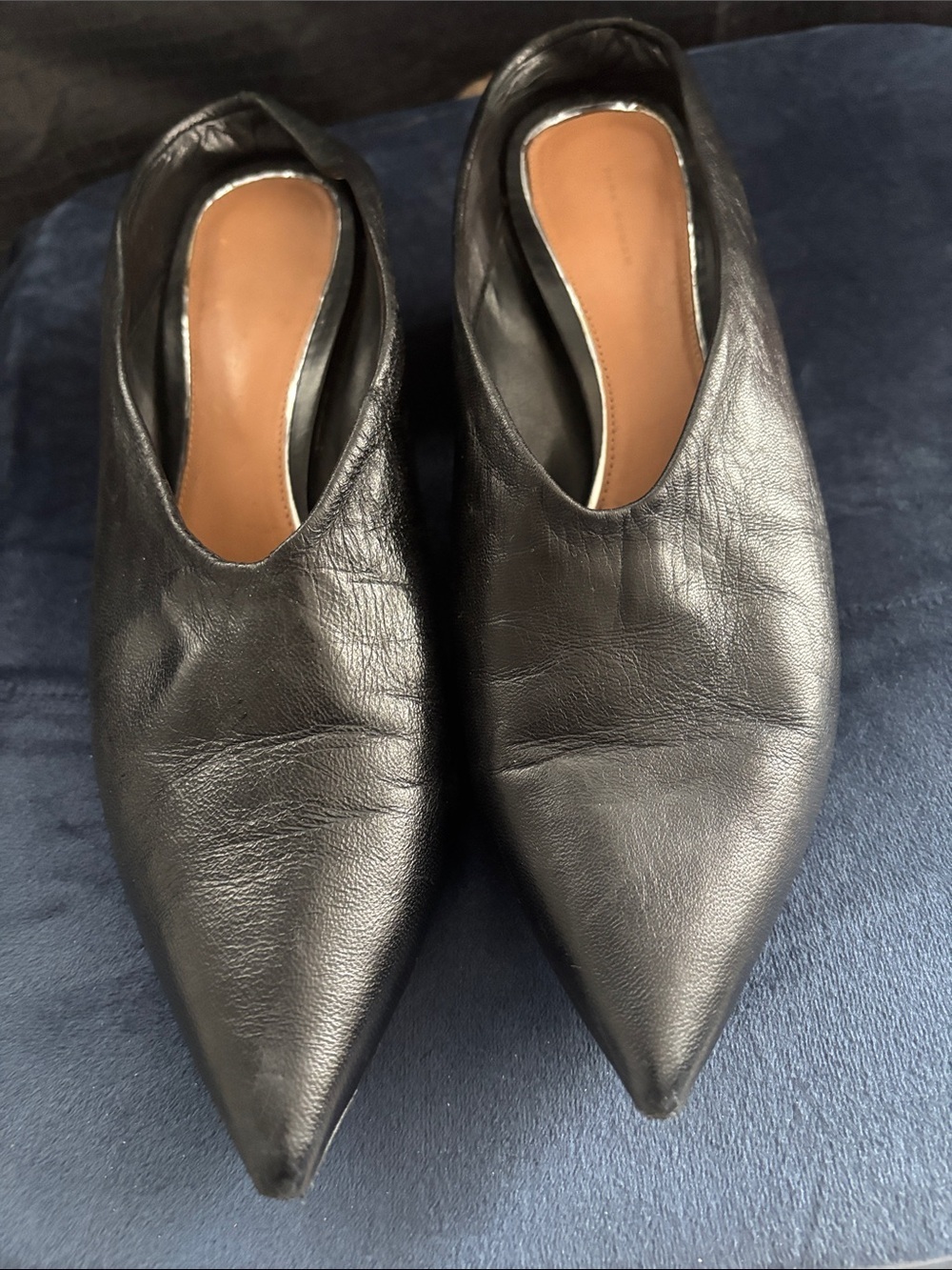 Zara Black Pointed Leather Slip-On Mules Sz 9